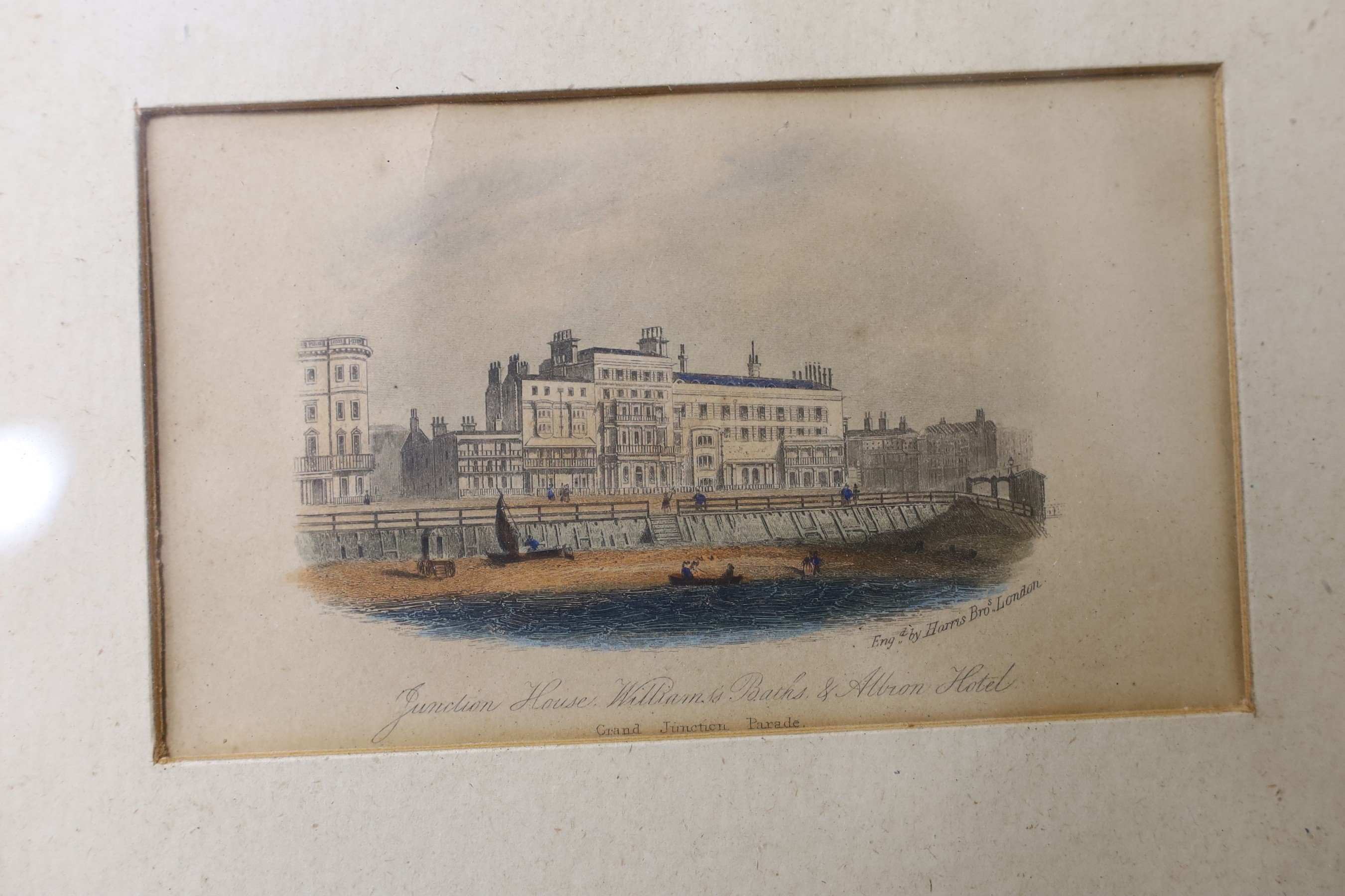 Watts after Jukes, coloured aquatint, A View of Brighthelmstone, 15 x 23cm and six other Brighton prints in four frames